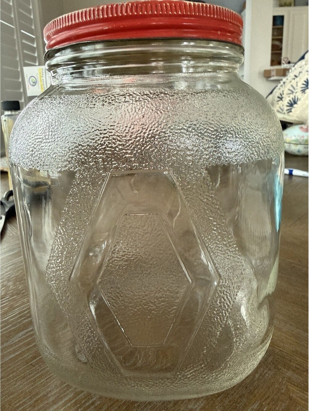 Vintage Hazel Atlas Glass Coffee Jar With Metal Lid Diamond Design